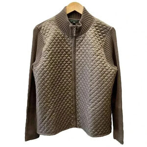 For Cynthia Quilted Ribbed Knit Zip Up Chore Jacket  Brown Size XL